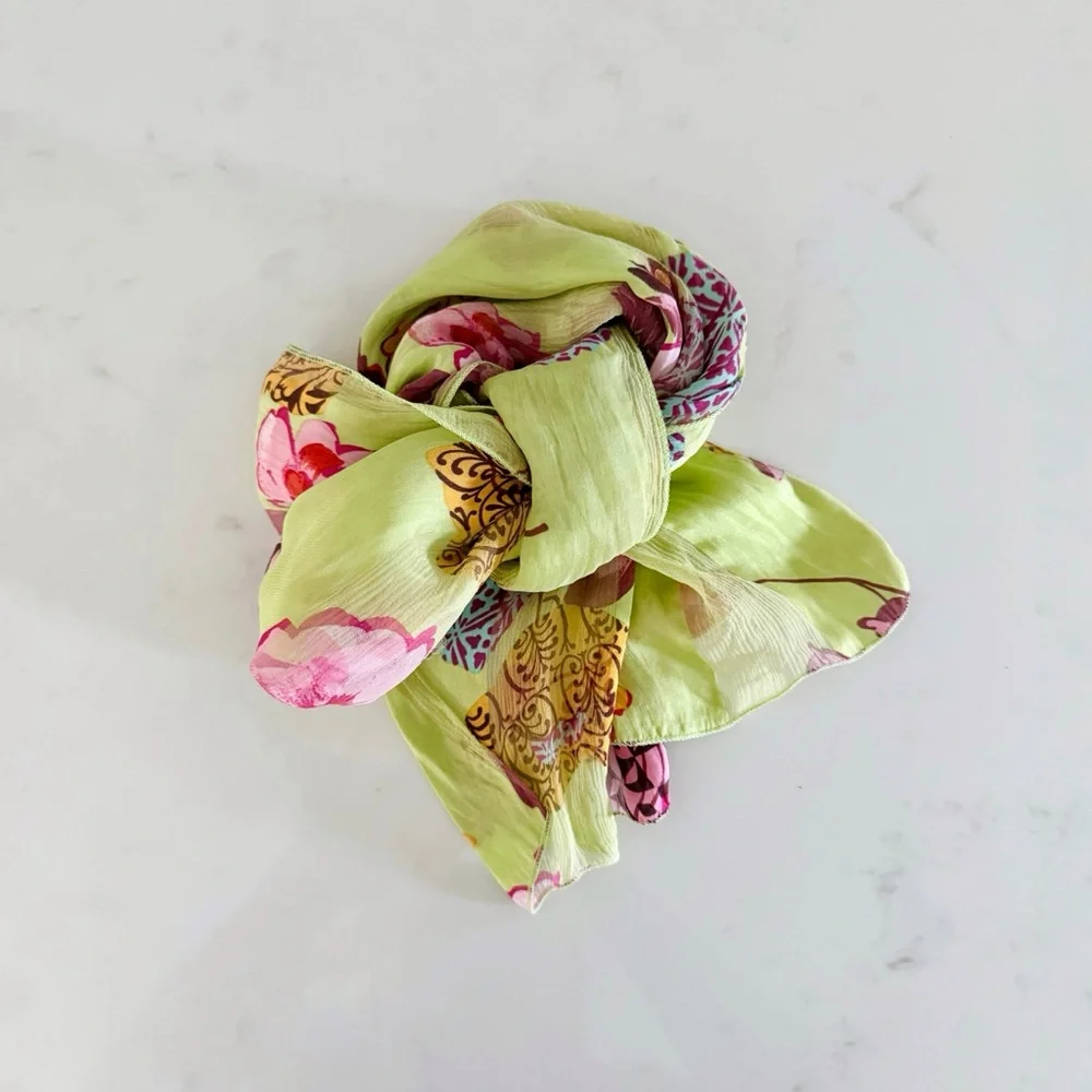 90s Vintage Marcrozier Paris Floral Print Silk Oblong Scarf Wrap, Green & Pink